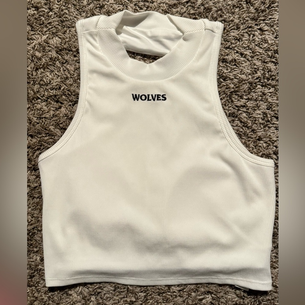 Darc Sport White Ribbed Crop Tank with WOLVES Embroidery